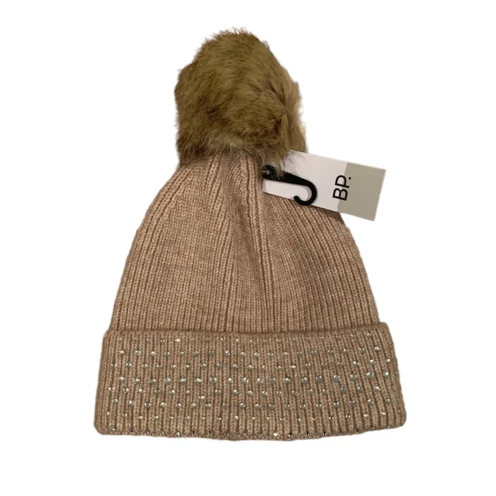 BP Embellished Knit Beanie with Faux Fur Pom Pom in Oatmeal One Size NWT